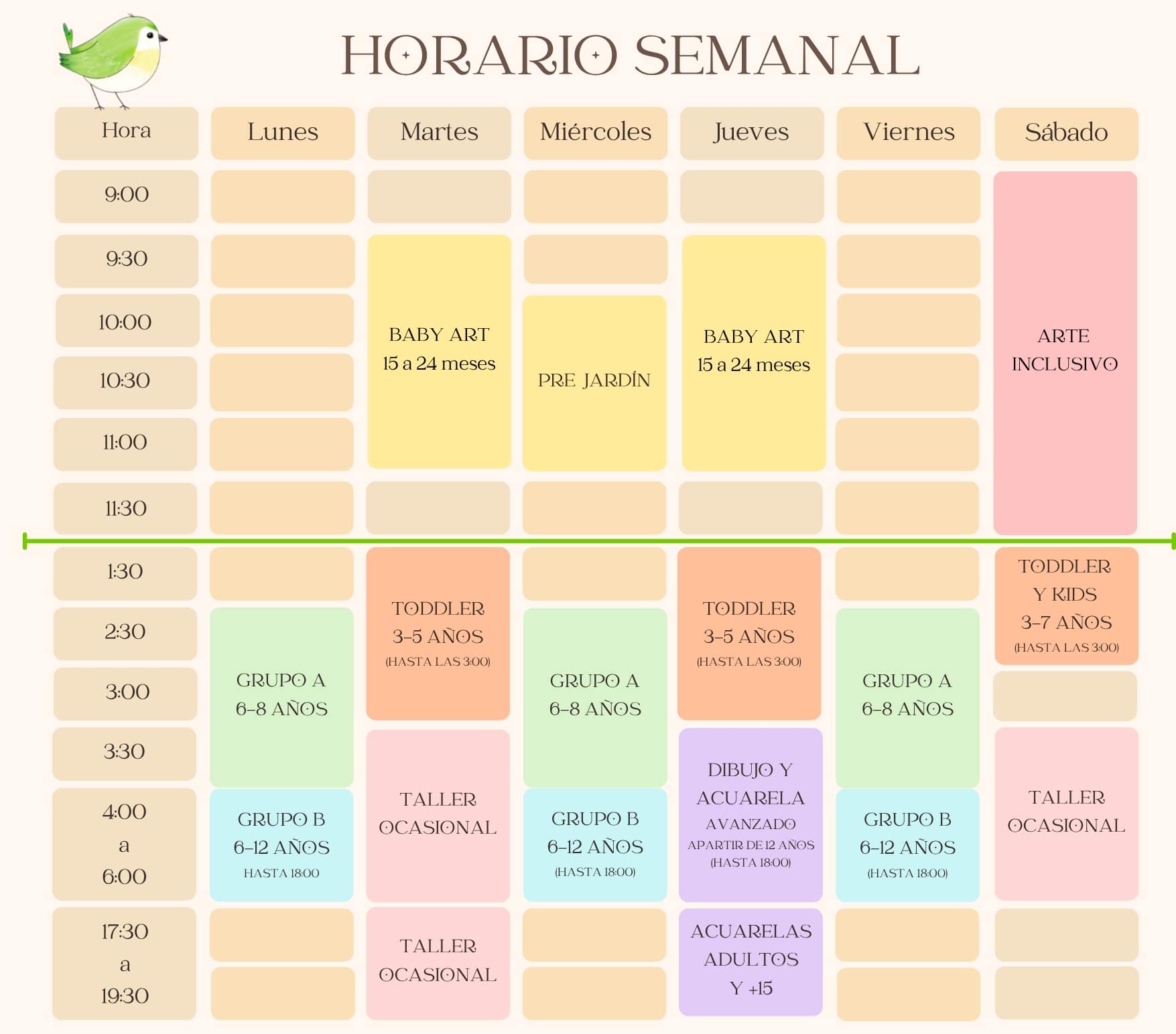 Horario semanal - Green little bird art studio